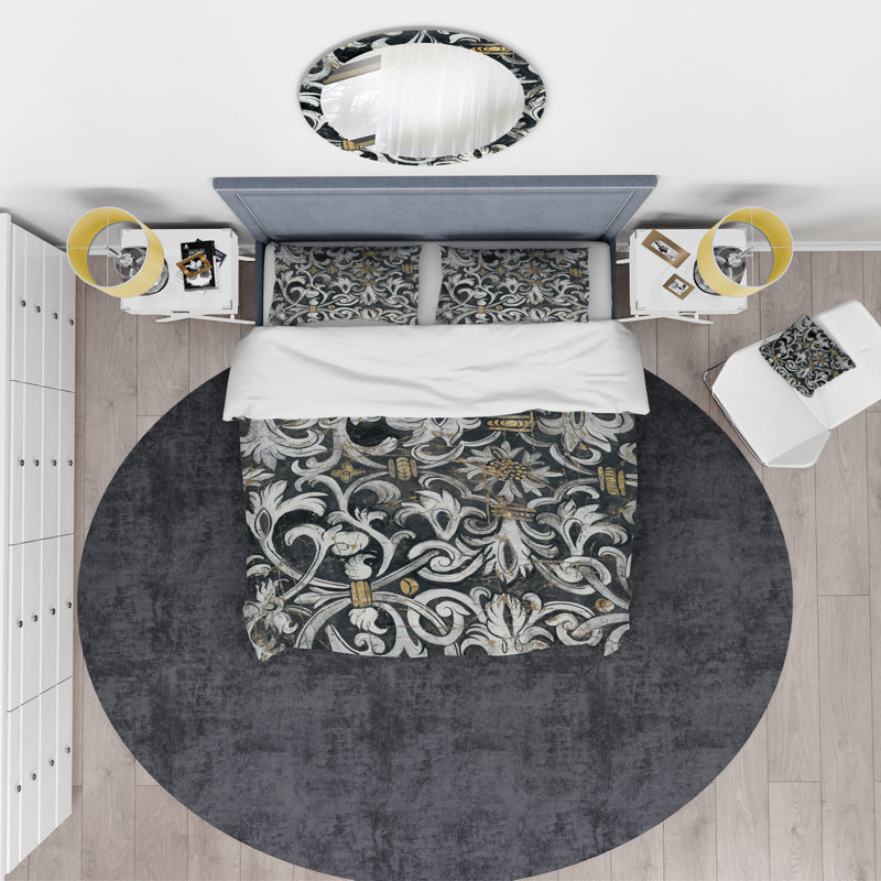 Ensemble de housse de couette or métallique et floral - Polyester microfibre