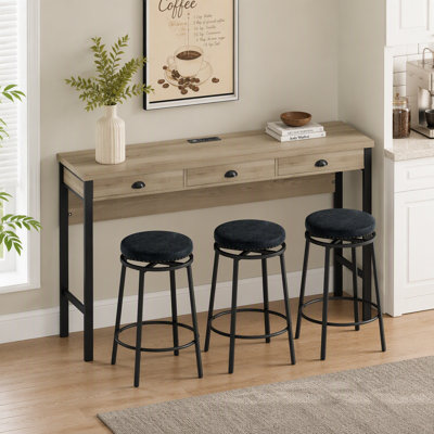 Ensemble de table haute de bar de 153 cm (60,24 po) avec 3 tiroirs et prise de courant, longue table à manger avec 3 tabourets de bar pivotants en PU pour la cuisine, le bar et la salle à manger