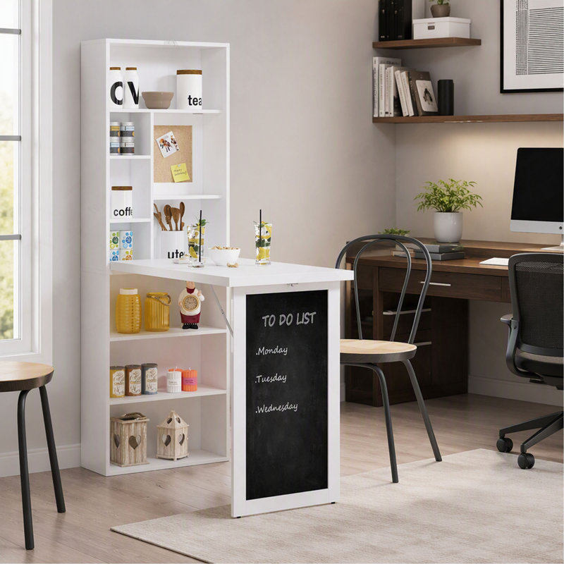 Armoire de bureau murale pliable, avec tableau noir et tablette latérale, peu encombrante, Blanc
