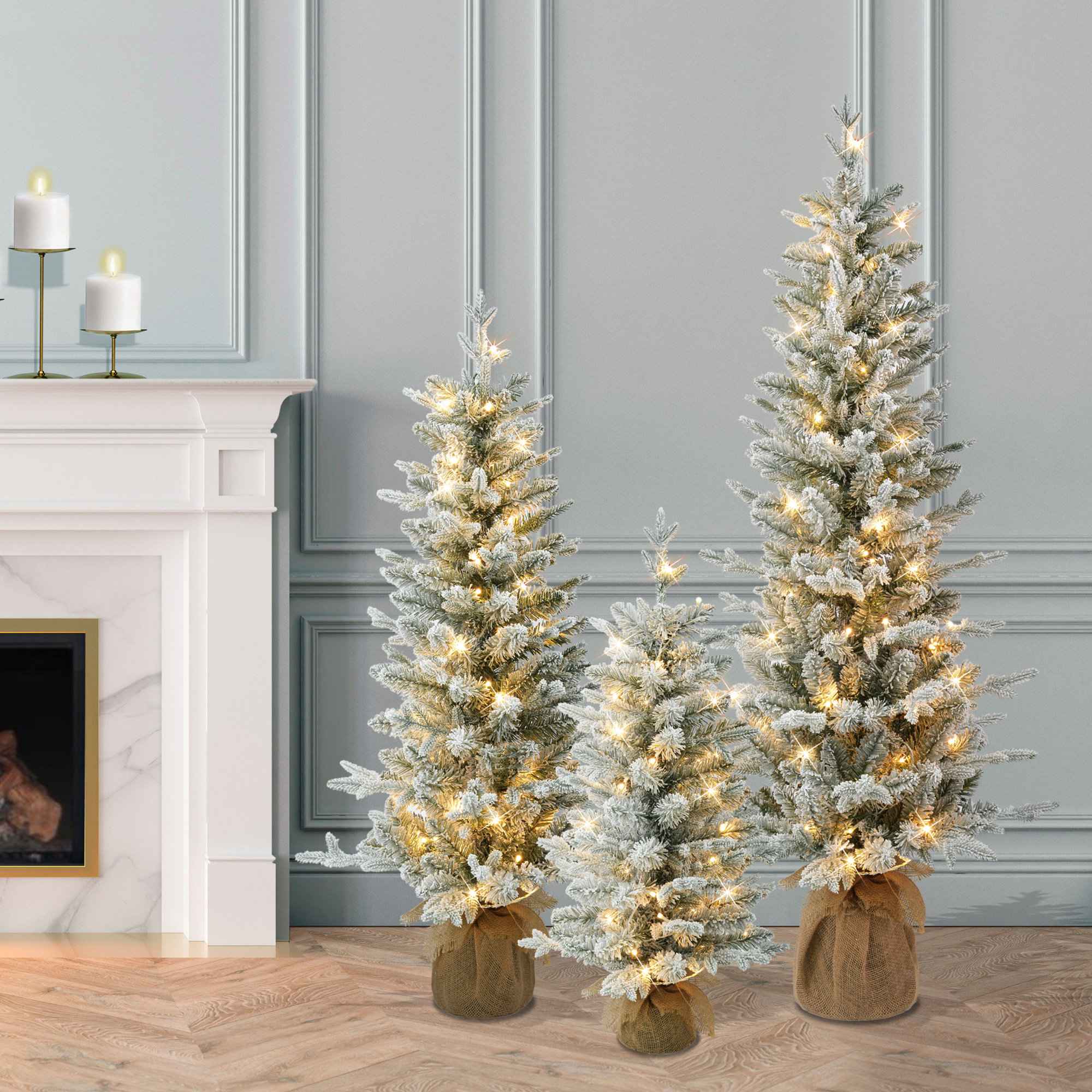 Set of 3 Artificial Flocked Spruce Trees in 3', 4', and 5' with Burlap Base
