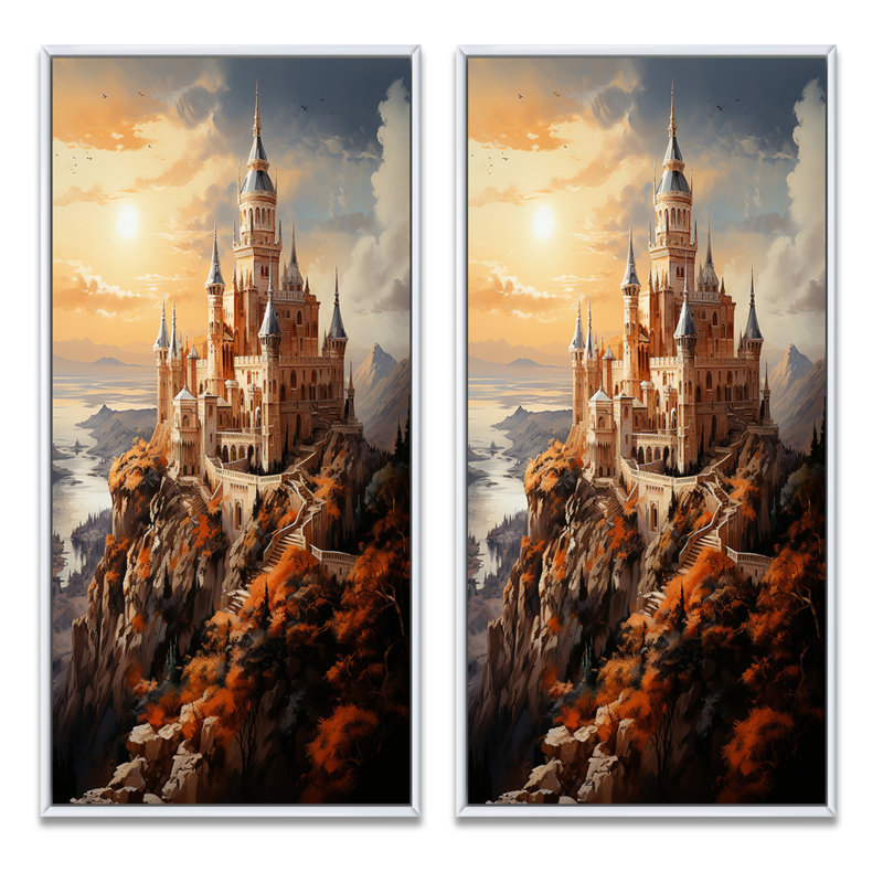 «Castles Fairy Tale Charm» 2 - pièces sur, Cadre blanc, H 20 po x l 24 po