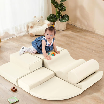 Équipement de jeu doux: mousse grimpante et rampante 6 en 1 pour l'intérieur, avec surface nettoyable, ton beige, haute qualité, avec escalier, tapis carré, couleur rectangulaire,