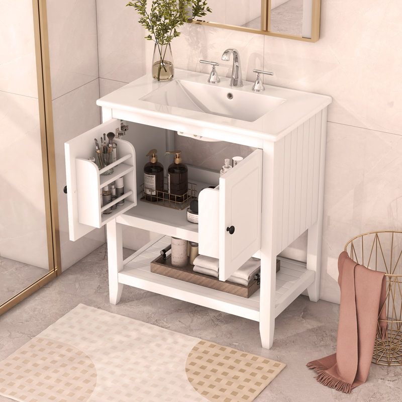 Lavabo de meuble-lavabo moderne élégant en céramique 30 po avec cadre ouvert en bois massif