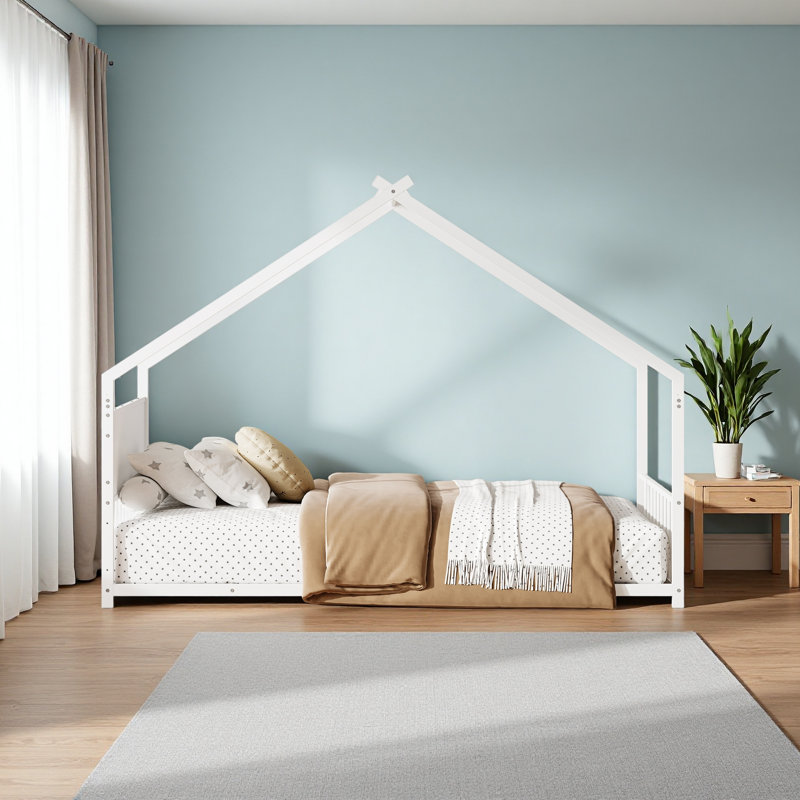 Twin Size House Bed With Roof And Colorful Lights, Metal Bed Frame With Slats And Legs, House Bed For Boy, Girls And Young Teens, No Box Spring Needed