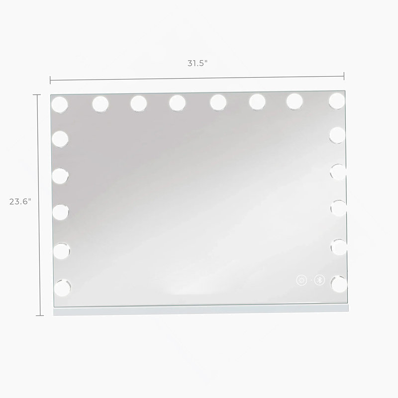 Miroir de salle de bain avec miroir en verre trempé de 31,5 po x 22,8 po avec 18 ampoules à intensité variable pour maquillage, miroir de table / haut-parleur suspendu avec écran tactile et port de charge USB