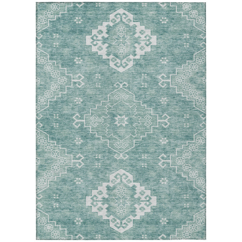 3' X 5' Aqua Teal Blue And Ivory Medallion Washable Indoor Outdoor Area Rug