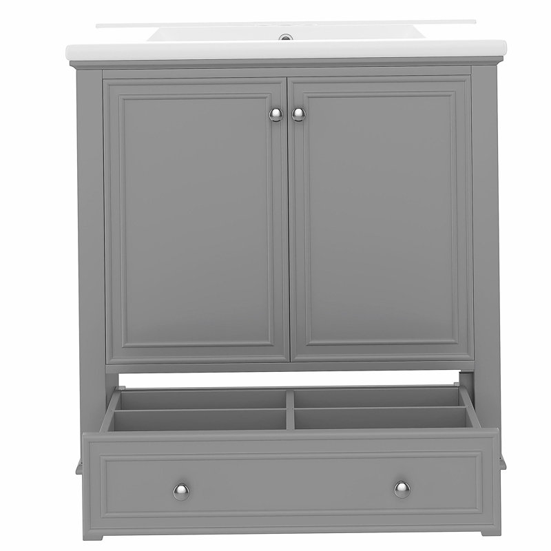 Ensemble de lavabo pour salle de bain de 30 pouces, armoire de bain multifonctionnelle avec porte et tiroir, structure en bois massif et panneau de fibres à densité moyenne