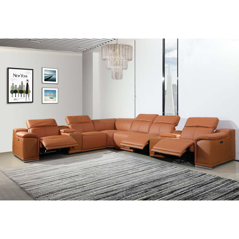 Thijmen 151" Wide Genuine Top Grain Italian Leather Symmetrical Reclining Corner Sectional, Camel Genuine Leather