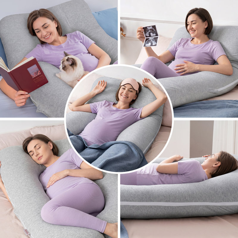 Oreillers pour la grossesse QUEEN ROSE, oreiller rafraîchissant de maternité pour dormir, oreiller de 55 po en forme de U pour le soutien aux femmes enceintes, avec housse soyeuse amovible, gris