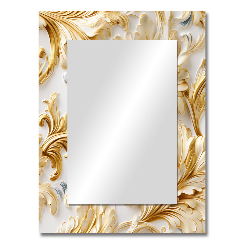 Sruthy Gold And White Gilded Damask Reverie - damask  Large Wall Mirror, Boho Unique Mirror, Printed Metal Art, 32" x 24"
