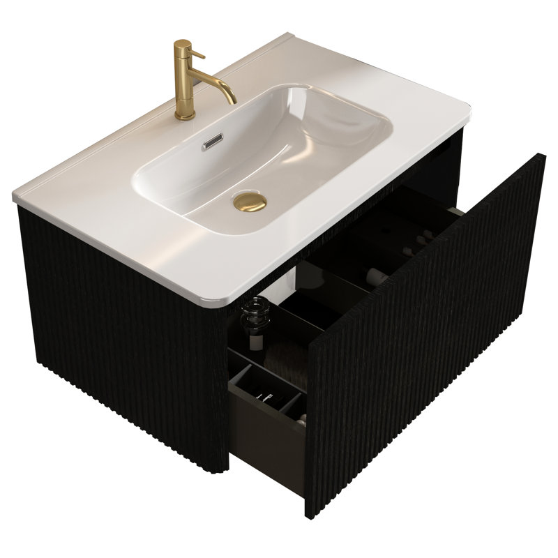 Meuble-lavabo contemporain: 30 po avec chêne noir, lavabo en céramique blanche, meuble-lavabo d'organisation pratique - lavabo rayé de conception moderne, caractéristique à considérer