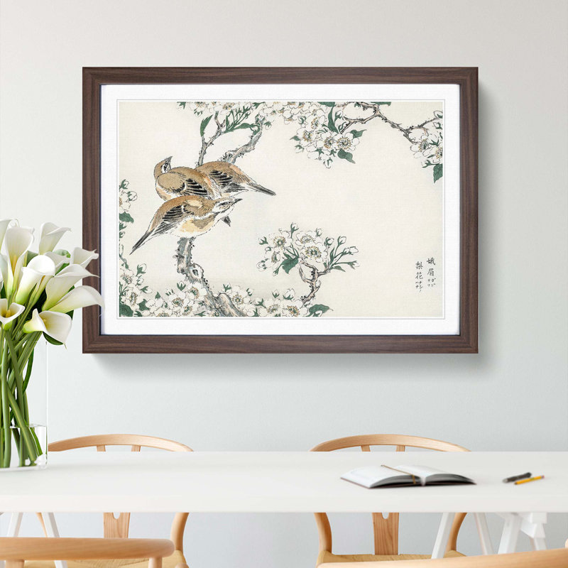 Meadow Bunting Birds & Pear Flowers by Numata Kashu - Picture Frame Painting Print, 48cm H x 65cm W x 2cm D, Walnut Framed