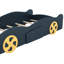 Lit de course simple bleu foncé et jaune en forme de voiture de course avec rangement et construction en bois massif pour le rangement dans la chambre à coucher, construction en pin, aucun sommier requis