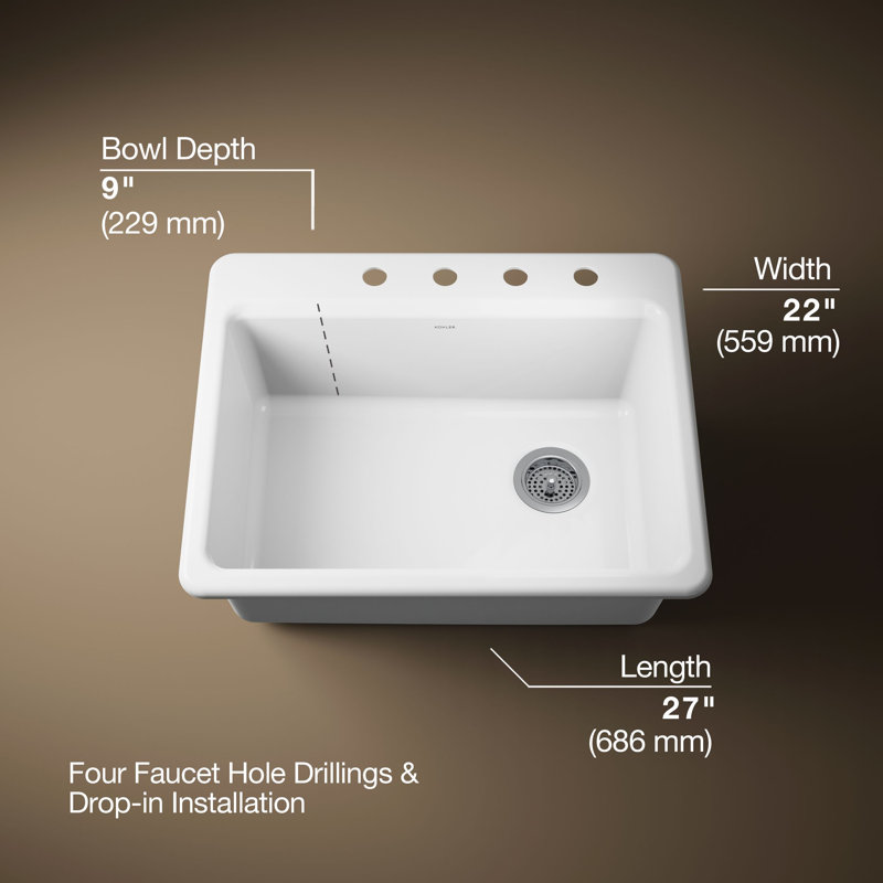 Riverby® 27" L x 22" W Drop-In Kitchen Sink, White, 4 Hole