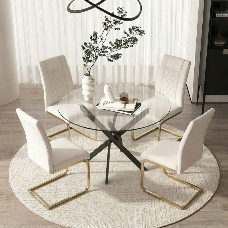 Ensemble de table de salle à manger 4 pièces en verre 4 pièces, table de 35,5 po avec pieds noirs, table de cuisine moderne (table noire, chaises dorées)