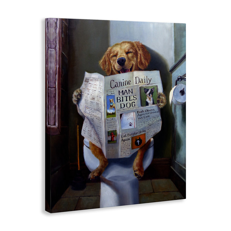 "Chien lisant le journal sur la toilette", peinture sur toile tendue par Lucia Heffernan, H 20 po x l 16 po