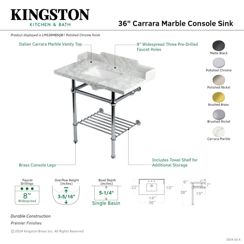 Kingston Brass Pemberton 36-Inch Carrara Marble Console Sink with Brass Legs and Shelf (8-Inch, 3-Hole)