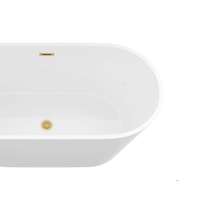 Baignoire autoportante 59 po en acrylique, baignoire autoportante, finition blanc brillant, trop-plein doré et bonde escamotable