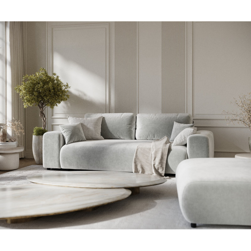 Three-seater square arm sofa, Light Grey Velvet