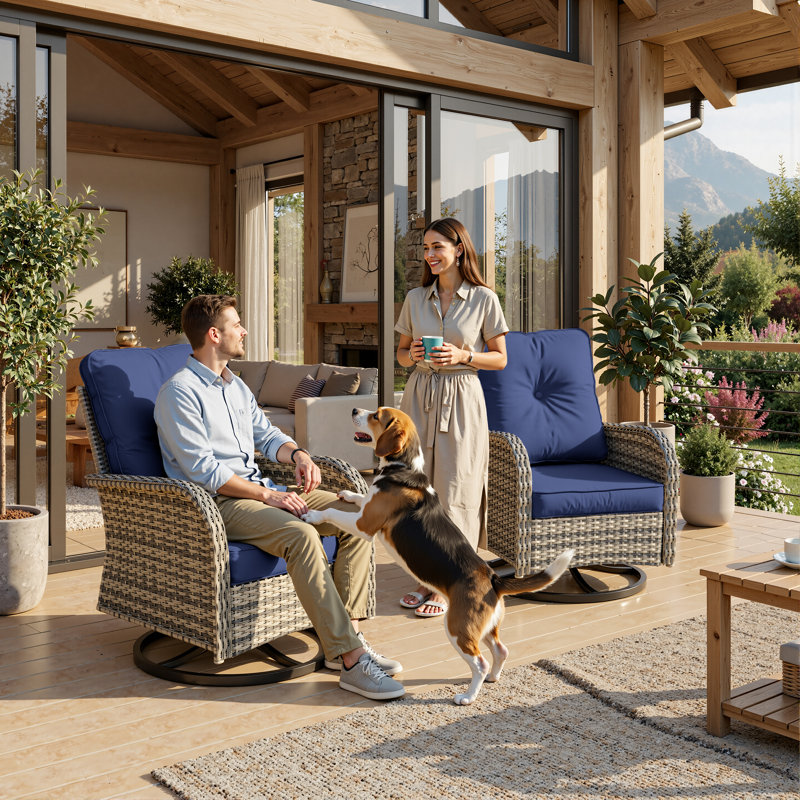  All-Weather Rattan Rocking Swivel Patio Chairs With Cushions, Navy Blue