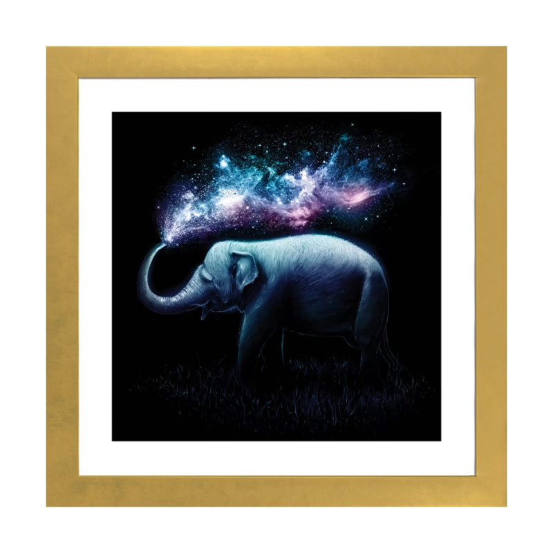«Elephant Splash» - Impression sur papier avec cadre flottant, H 16 po x l 16 po x p 1 po, Papier beaux-arts encadré doré