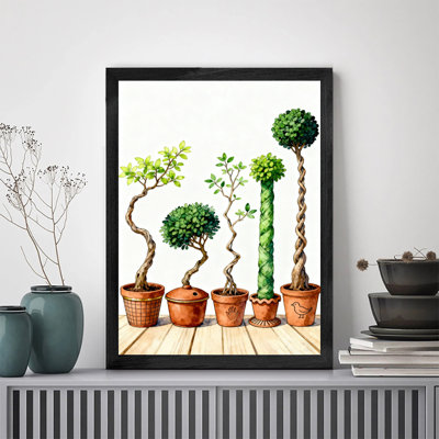 Reproduction d'art encadré noir avec quatre plantes de bonsaï de différentes formes
