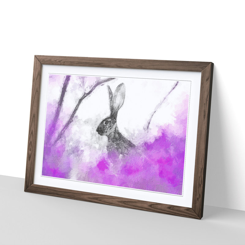 The Alert Hare in Pink - Picture Frame Painting, Walnut Framed, 27cm H x 36cm W x 2cm D