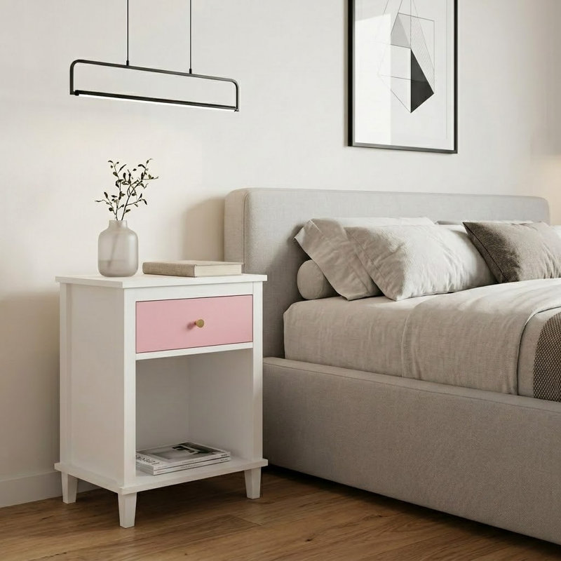 Table de chevet moderne avec tiroir et tablette ouverte, Blanc / Rose