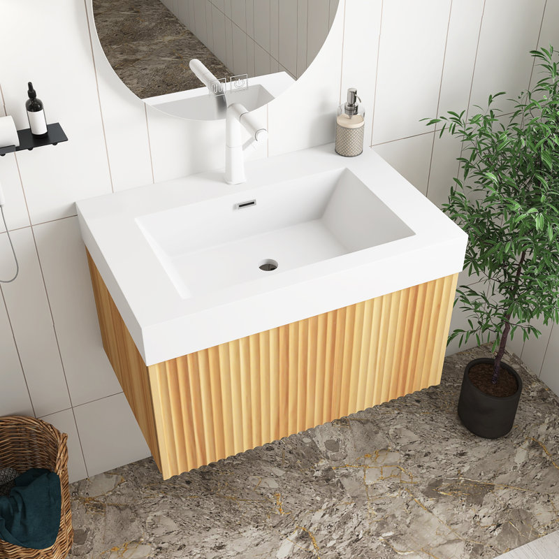 Armoire de salle de bain flottante murale moderne avec lavabo intégré, design minimaliste en contreplaqué pour salles de bain compactes