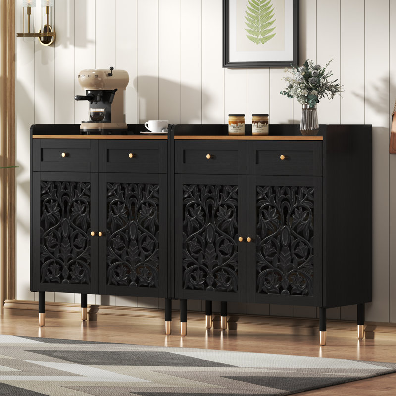 Buffet sculpté, armoire à café 1 tiroir et 2 portes, Noir