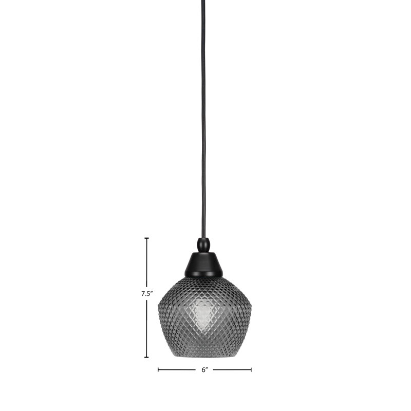 Mini-luminaire suspendu tout verre avec verre texturé de 6 po, Fumée, Noir / transparent, Chrome