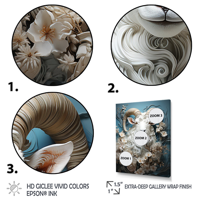 Portrait floral blanc de chèvre blanc - art mural animal de chèvre, Cadre simple noir, H 32 po x l 24 po x P 1 po