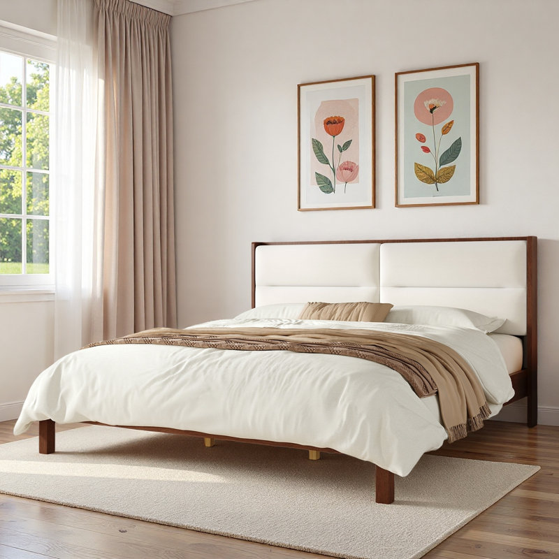 Lit plateforme en bois avec tête de lit tapissier en velours, Espresso, Très grand lit
