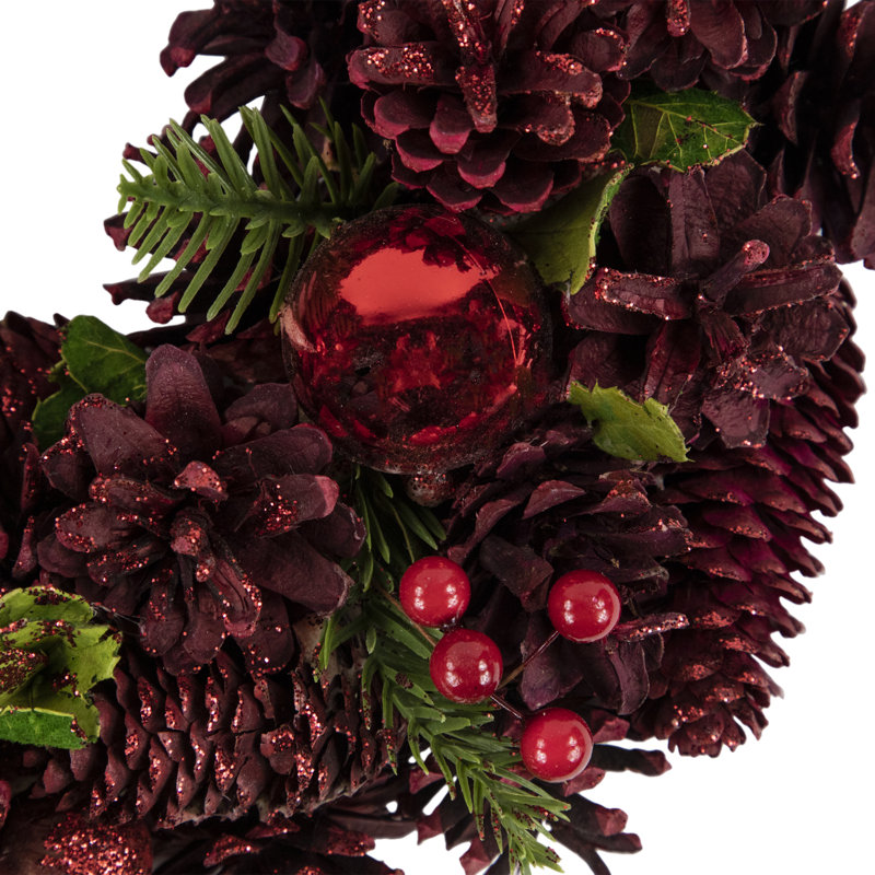 Red Pinecone Berry and Ornament Christmas Wreath 13.5-Inch Unlit