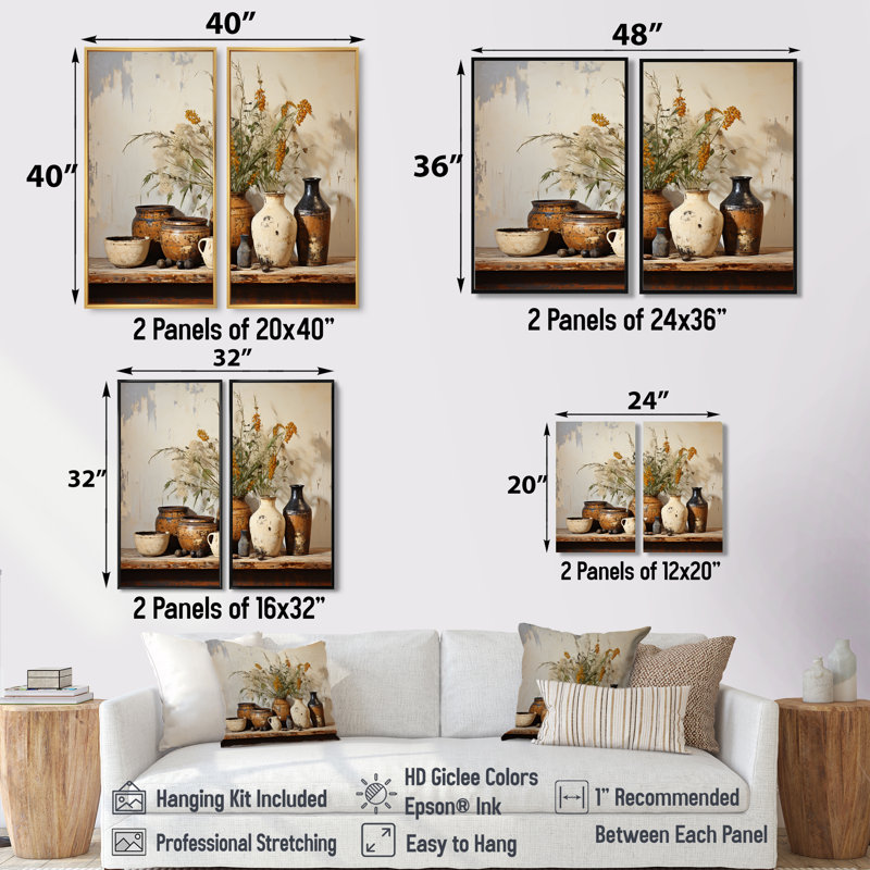 Art floral brun traditionnel sur poterie rétro - art mural traditionnel, H 20 po x l 24 po, Crème, crème