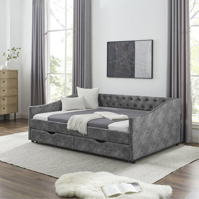 Lit de jour double avec tiroirs, canapé-lit capitonné, avec bouton sur le dos et clou en cuivre sur les accoudoirs ondulés, gris (80,5 po x 55,5 po x 27,5 po)