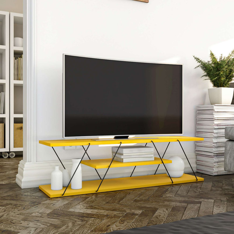 Stylish TV Stand with Metal Frame, Yellow Finish, 47.2 x 13.0 x 13.0 inches | 100% Melamine Coated Particle Board, Thickness: 0.7 inches | Middle Shelf: 23.6 x 5.5 x 11.8 inches | Perfect for Modern Living Rooms & Entertainment Areas