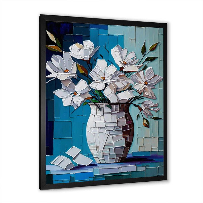 Nature morte avec fleurs blanches sur fond bleu I - reproduction sur toile, H 20 po x l 12 po x P 1 po, Cadre photo noir