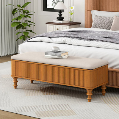 50.8-Inch Multi-Functional Storage Ottoman Bench-Solid Rubberwood Bed End Bench With Linen Seat, Storage Bench For Bedroom, Entryway Shoe Organizer For Bedroom, Living Room, Entryway, Closet