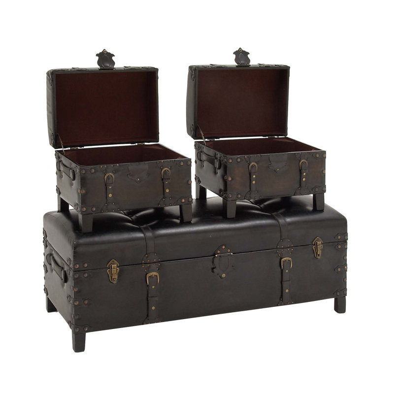 Cagle Faux Leather Storage Bench with Nailhead Trim and Buckle Straps (Set of 3)