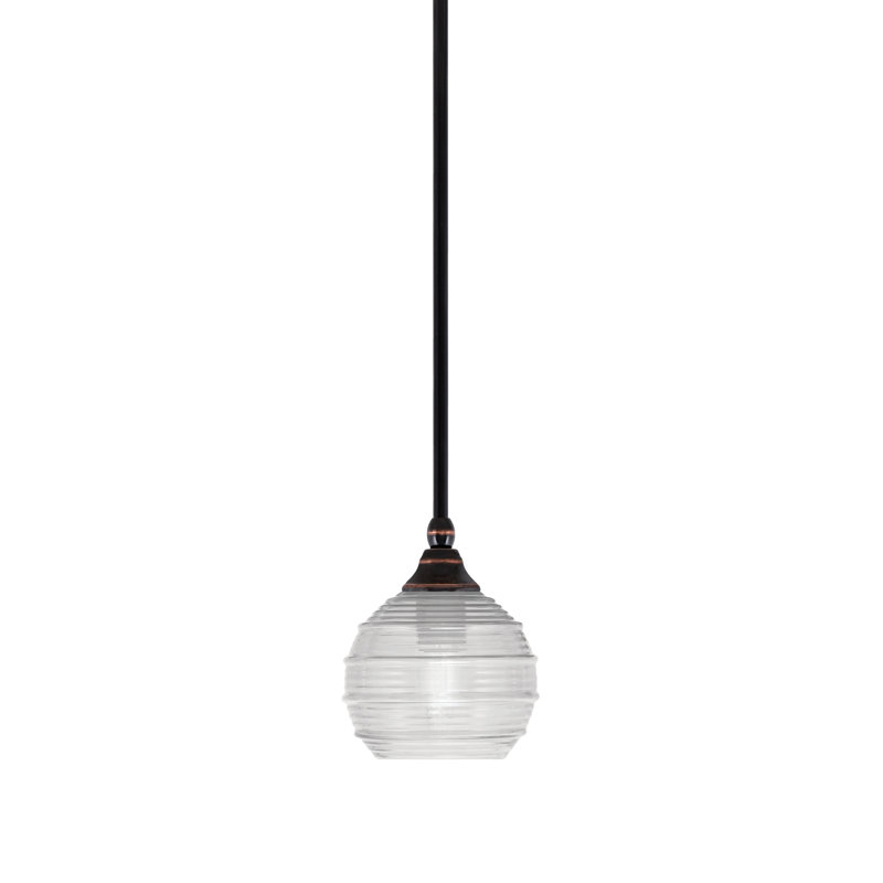 Stem Hung Mini Pendant Shown In Black Copper Finish With 6" Ribbed Glass, Clear