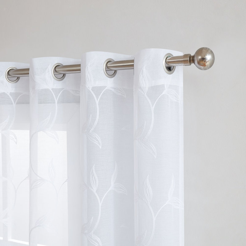 Sheer Faux-Linen Sliding Door Curtain Panel With Rustic Stitched Leaf Embroidery, White