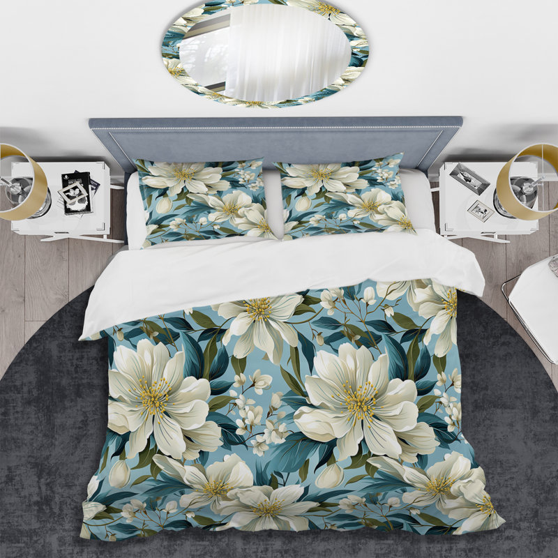 Ensemble de housse de couette à motif floral Blue Coastal Blossoms, Housse de couette pour grand lit et 2 taies décor