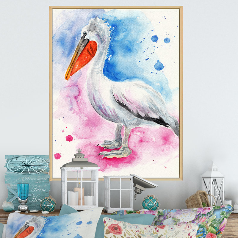 Pélican bleu et rose, H 32 po x l 16 po x P 1 po, Toile naturelle avec cadre flottant