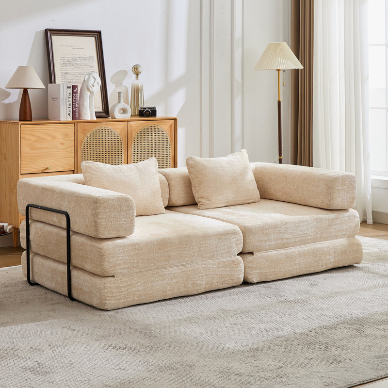 Canapé-lit convertible avec structure de forme fixe, sans assemblage requis, tissu chenille, pour le salon et la chambre à coucher, beige