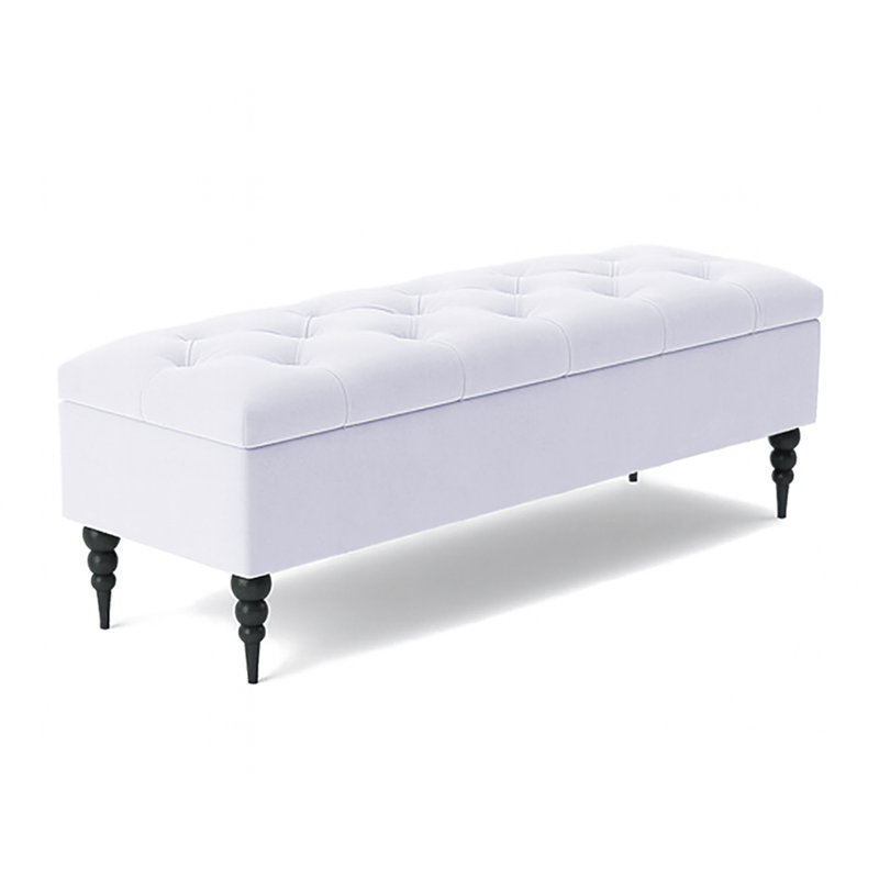 Safar Wide Tufted Rectangle Ottoman Storage Bench – Upholstery Plush Velvet Shoe Bench with Black Turned Wooden Legs, White