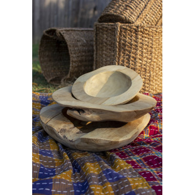  5"H Handcrafted Rustic Teak Wood Bowls – Set of 3