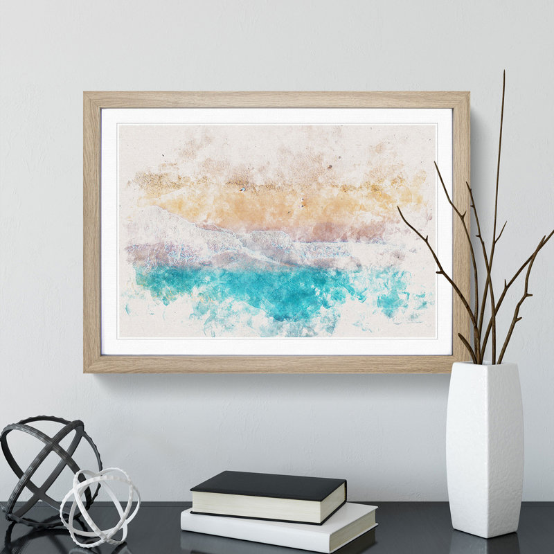 Walking Upon A Beach In Corfu Greece Watercolour - Framed Print, Oak, 33cm H x 45cm W x 2cm D
