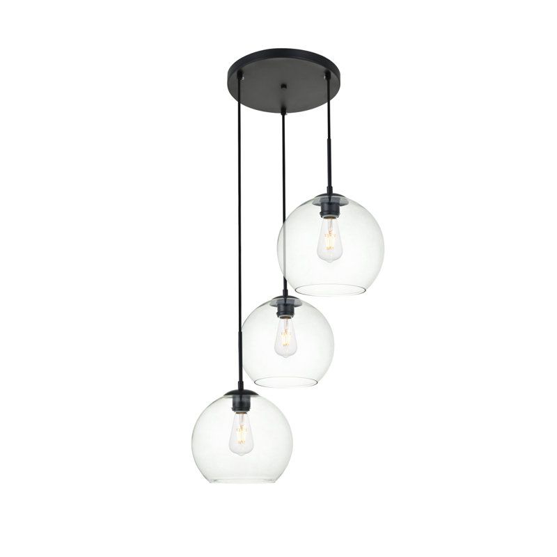 Luminaire suspendu sphérique pour îlot de cuisine à trois lumières avec accents en verre Snead, Transparent, Noir