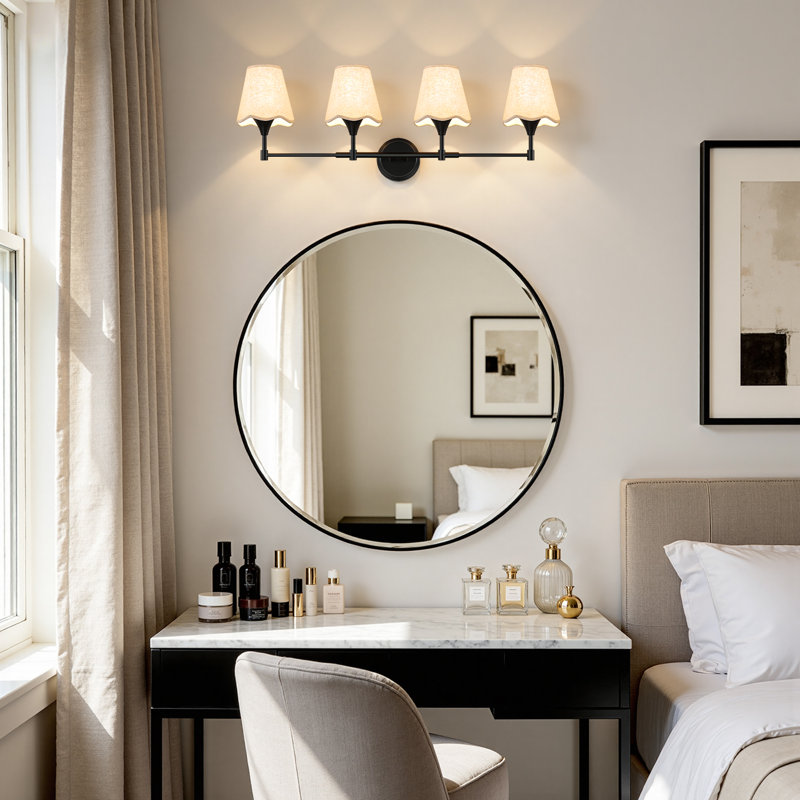Luminaire de salle de bain à intensité variable 4 lumières 35 "avec abat-jour en lin, H 11,8 po x l 34,65 po x P 7,48 po, 4